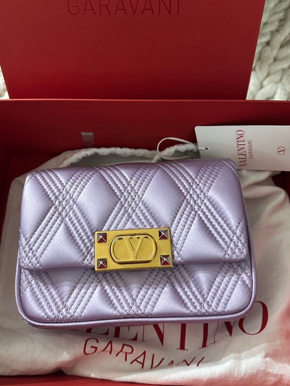 Valentino Quilted Mini Shoulder Bag in Pale Iris with Gold Hardware